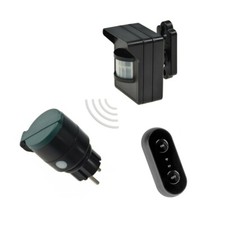 Funk AUßEN Bewegungsmelder Batteriebetrieb 230V-Schaltsteckdose + Fernbedienung