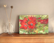 Original Unikat Kunstwerk - Gemälde auf Seide fertig zum Aufhängen an die Wand rote Blumen