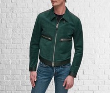 Herren Klassische Grüne Wildleder Lederhandgemachte Jacke Mit Reißverschluss