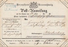 Dienst - Postanweisung mit Ra2 TANNE in blau n. Blankenburg , 1867
