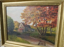 Altes Ölbild Haus am Bach