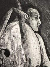 Moderne Gravur Porträt Des Musikers Kontrabass Bogen Signiert OUDIN Xylon EA