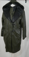 Damen 100% ECHTES LEDER Luxus Mantel mit Kapuze Grün Khaki WOW Größe DE 44/46