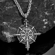 Halskette mit Kompass Anhänger Wikinger Silber Herren Schmuck Edelstahl Kette
