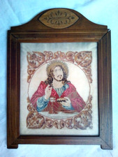 eingelegter Nussbaum Biedermeierrahmen um 1840 Glas Stickbild  28 cm x 21 cm