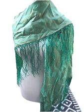 Schultertuch Stola Pashmina Schal Tuch grün Seide? Fransen Folklore Vintage