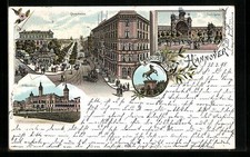 Lithographie Hannover, Georgstrasse, Welfenschloss, Tivoli-Garten, Sachsenross 