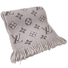 Louis Vuitton Monogram Escharpe Logomania Fransen Wolle Seide Grau Stola 3800