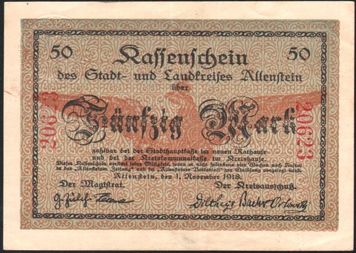 Mark allenstein 1918 - allenstein, stadt