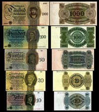 10, 20 ,50, 100, 1000 Reichsbanknoten Weimarer Republik 1924 - Reproduktion