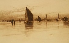130 Jahre alte Wilfred Ball signierte Original Sepia Radierung; 'Venedig Lagune' 1891