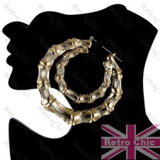 3" GROSSE BAMBUS ZWEI-CREOLEN 7cm BIG GOLD TONE strukturierte Metall Creolen Oversize