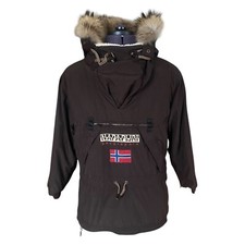 Napapijri NEU SKIDOO JACKE dunkelbraun Kapuze Waschbärfellbesatz Damen Small UK10