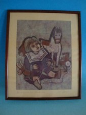 Wachsbatik auf Bourette Seide Kind mit Spielzeug Pferd sig. Danes (1119-048)