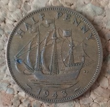 Münze, Großbritannien, Half Penny, 1943, Georgius VI & Schiff