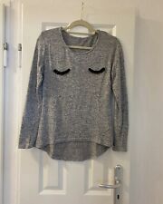 Colloseum Comfy Shirt Top Oberteil Strass Augen Wimpern Pailletten Hell Grau - M