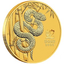 Australien 15 $ 2025 Lunar Jahr der Schlange Snake 1/10 Oz Gold  ST / BU