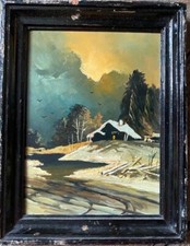 Snow Winter Oil Painting Hut