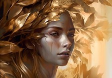 ABSTRAKT GOLD FRAU FEDERN BLÄTTER Vlies Fototapete Wohnzimmer Modern TAPETE XXL