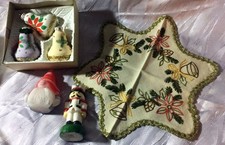 Set-6 Teile-Weihnachtsdeko-Sterndeckchen-Handbestickt-2 Kerzenfiguren-3 Glocken