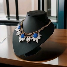 KETTE Modekette Blogger Collier Goldfarben/Blau/Milchig Blume XXL Modeschmuck
