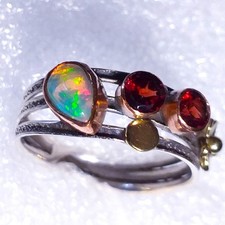 Ring Natur Opal ECHTER  Kristallopal Gr 19 925 Sterling Silber Granat Gold