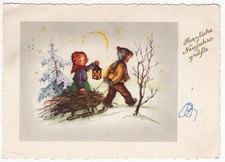 AK  Neujahr, Junge zieht Schlitten mit Zweige, Mädchen mit Laterne, Mond, Sterne