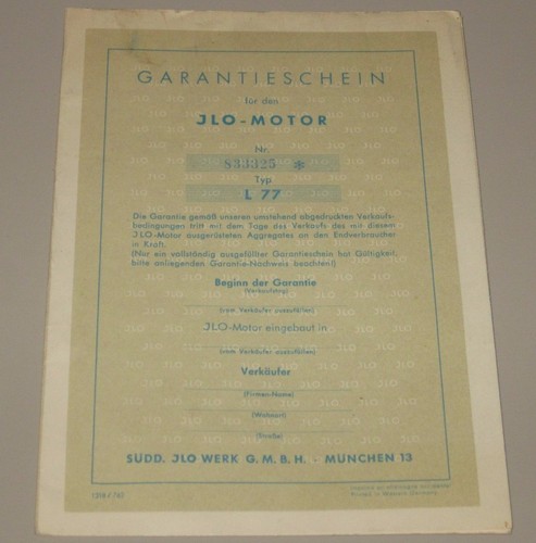 Garantieschein jlo motor typ - garantieschein,