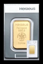 Goldbarren 1 Unze/oz  999.9 Gold „Heraeus“ Zertifiziert