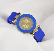 Damen Armbanduhr Blau Gold mit Strass und strapazierfähigem Silikon Armband