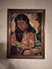 Wandbild gestickt, bestickt, Schöne Zigeunerin,  Vintage,  Antiquität