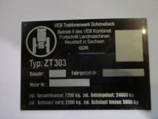 Typenschild Traktor Fortschritt ZT 303 Schild VEB DDR Schönebeck S60 BJ TWS