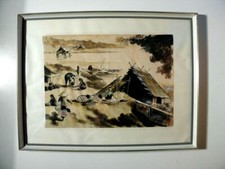 Schöner älterer asiatischer Holzschnitt auf Stoff  * signiert * Szene am Fluss