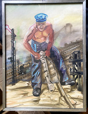 ::AQUARELL UNDEUTLICH SIGNIERT -BAUARBEITER BAHNGLEISEN DAMPFLOK PRESSLUFTBOHRER