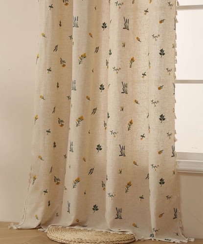 Beige vorhang bestickt leinen - bestickt,