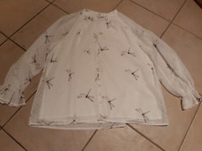 Bluse langarm Damen, kragenlos, Libellen Motiv, weiß/grau/beige, Gr. M