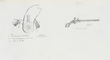 Waffenstudie. Pulverhorn und Pistole,  1850, Bleistift Unbekannt (19.Jhd)