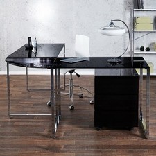 Glas-Eckschreibtisch MANHATTAN Schwarz mit Chromgestell (180x160)