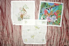 Fisba Christian Fischbacher Edles Tuch 3 Stück zart Vögel Papagei Meisen 30 x 30