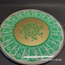 Alte Kuchen Torten Platte 50er 60er Vintage Spritzdekor Metallgriffe beige braun