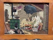 Gobelin Stickbild mit Holzrahmen, Handarbeit, "Der arme Poet" von Carl Spitzweg