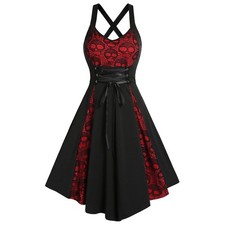 Halloween Damen Gothic Punk Partykleid Midi A-Linie-Kleid Spitze Trägerkleid DE