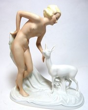 Schaubach Kunst Wallendorf Porzellan weiblicher Akt mit Reh Höhe 22,5 cm Steiner