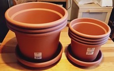 Blumentopf Set, 3x 30 cm und 4x 20 cm, Plastik, Terracotta, mit Untersetzer