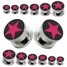 2 Edelstahl Flesh Tunnel Plug Pink Rot Türkis Stern Motiv 2-10mm Ohr Piercing
