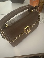 Damen Tasche Krokodilleder-Optik | Braun Clutch mit Goldkette & Schloss