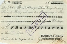 Kolberg Depositenkasse 5 Millionen Mark 1923 leicht gebr. Ecken-Entwertung