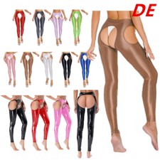 DE Damen Sporthose Offen im Schritt Strumpfhose Stretch Glänzend Lang Hose