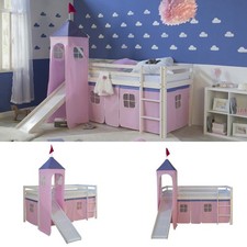Hochbett 90x200 Kinderbett Rutsche Weiß Stockbett Vorhang Turm Rosa Homestyle4u