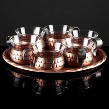 6 Teegläser Tassen Kupfer Metall Gläser Set + Tablett Schott Mainz Jenaer Glas 